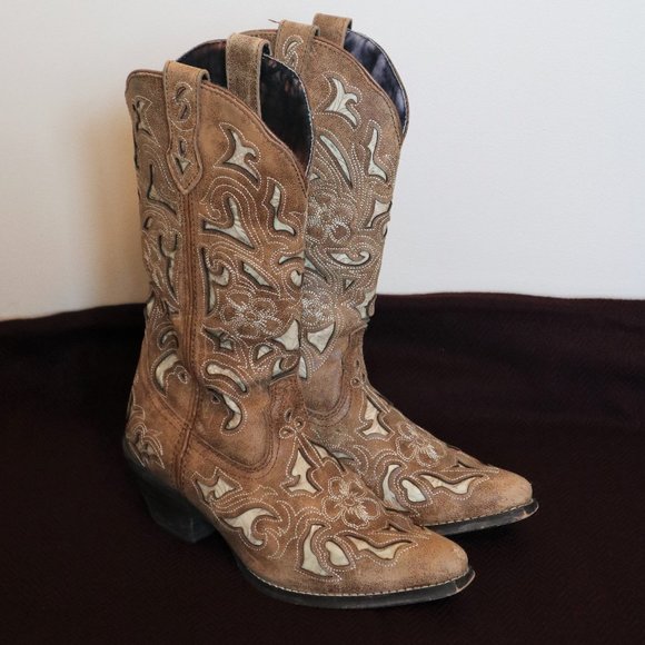 Laredo Shoes - Laredo Tan and Cream Leather Cutout Embroidered Cowgirl Boots